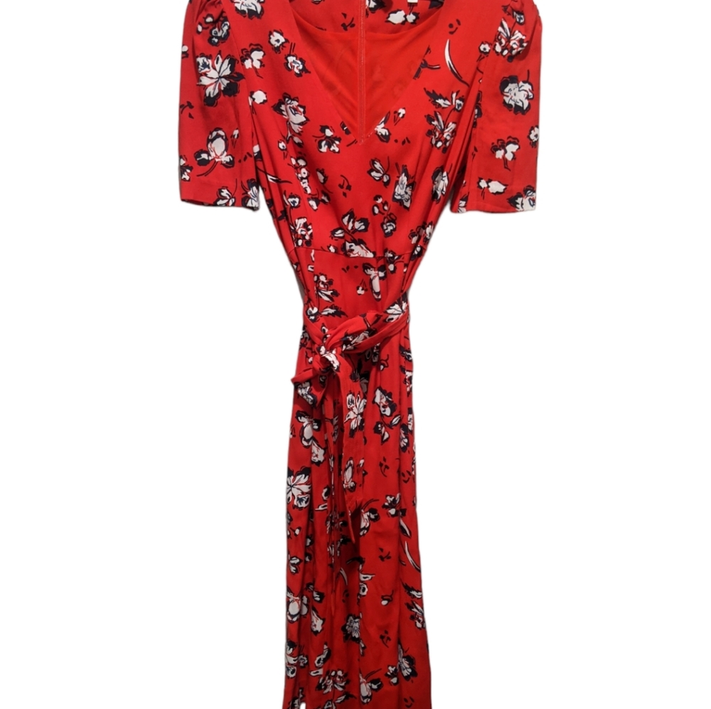 Veronica Beard Red Floral Print V Neck Midi Dress